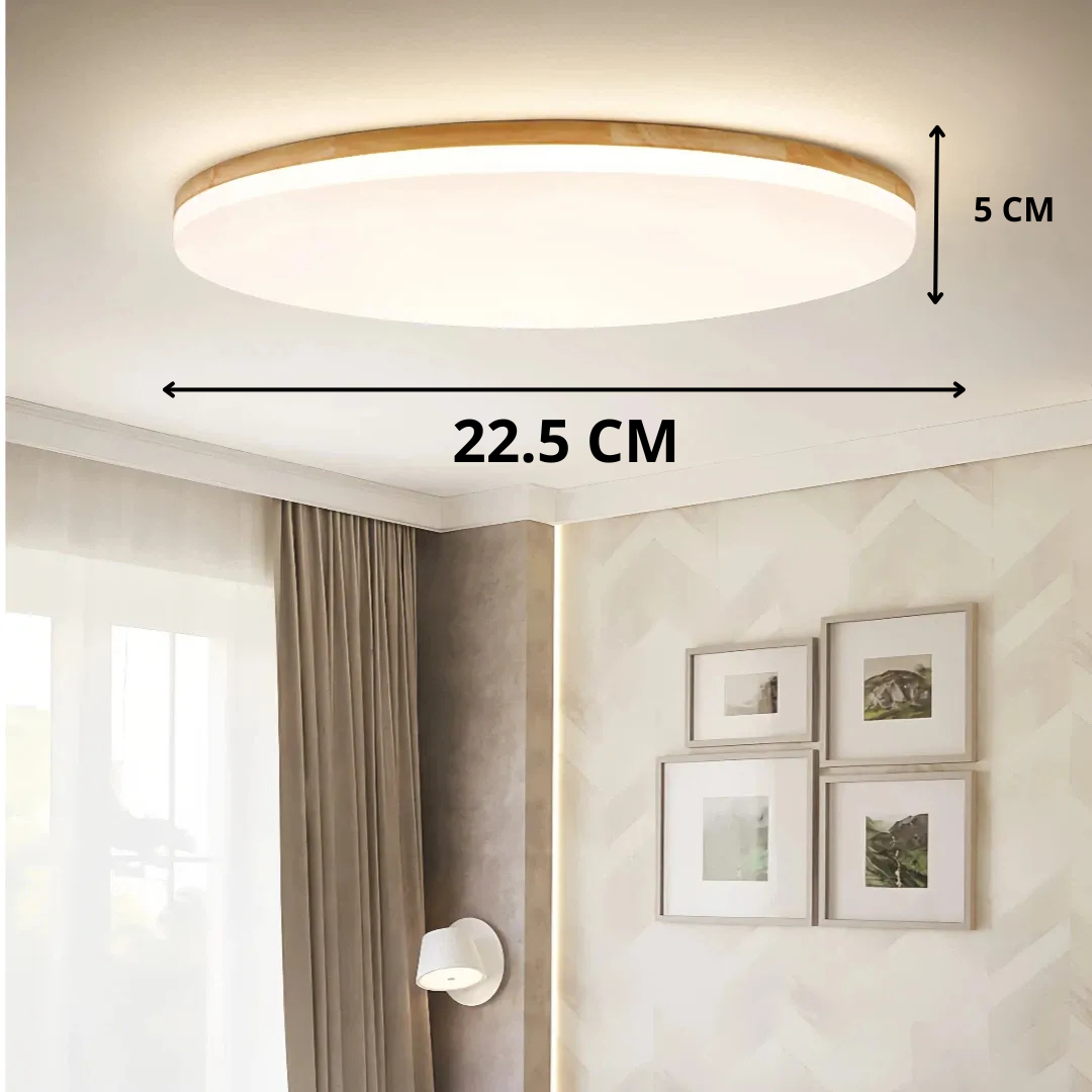 Plafonnier LED scandinave rond en bois, design plat et dimmable pour chambre