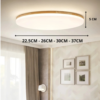 Plafonnier LED scandinave rond en bois, design plat et dimmable pour chambre