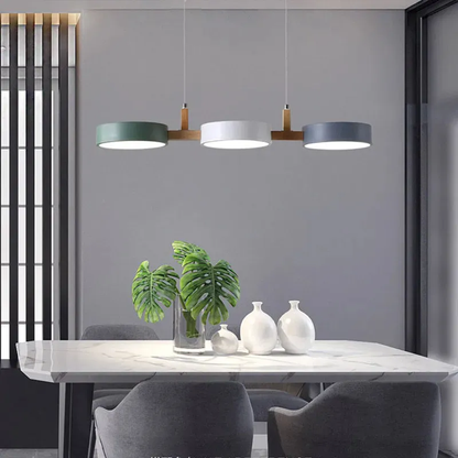 Suspension scandinave à 3 lumières en métal et bois pour salle à manger