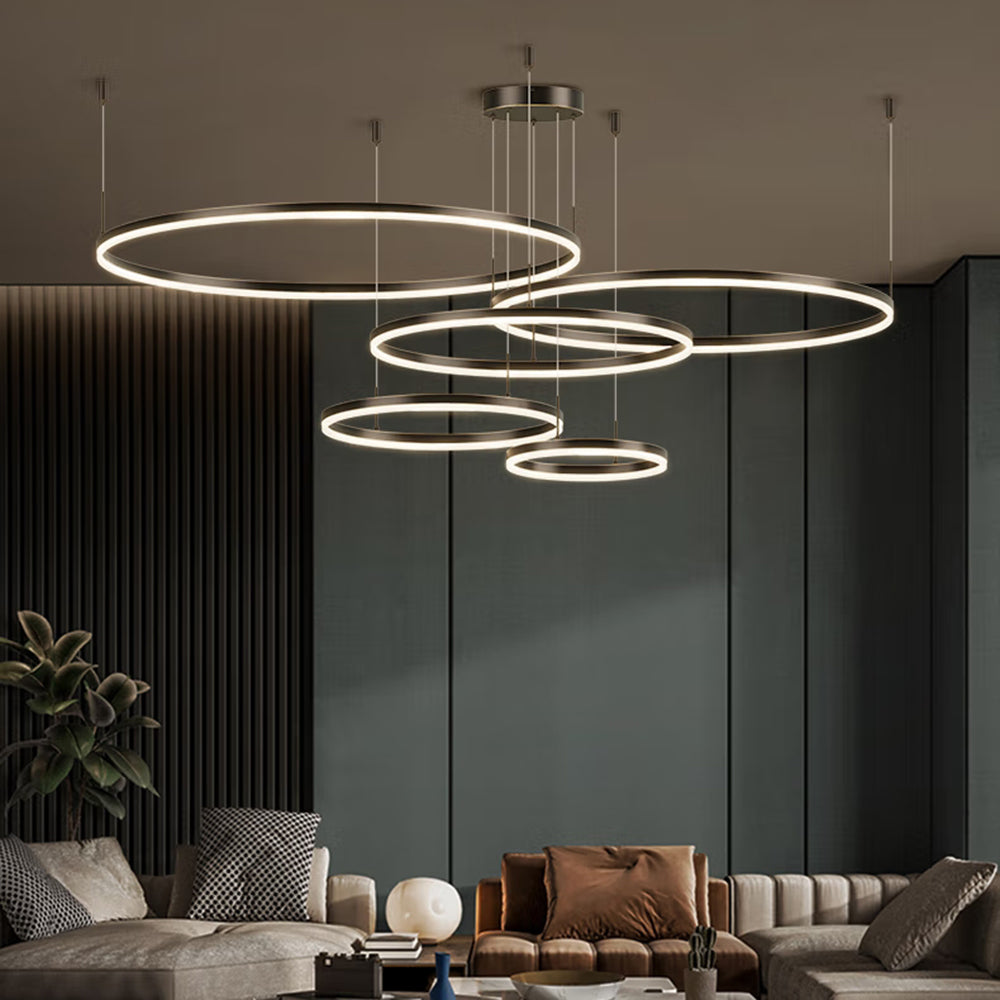 Suspension Arisha, Design Moderne Cercle Anneau, Finition Noir/Or/Café, Éclairage Élégant pour Chambre