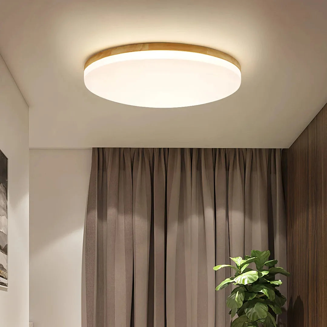 Plafonnier LED scandinave rond en bois, design plat et dimmable pour chambre