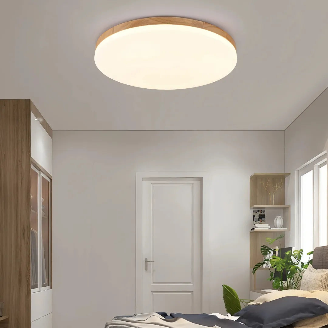 Plafonnier LED scandinave rond en bois, design plat et dimmable pour chambre