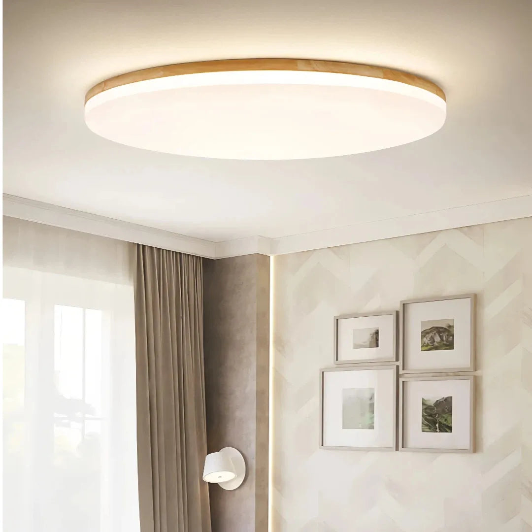 Plafonnier LED scandinave rond en bois, design plat et dimmable pour chambre
