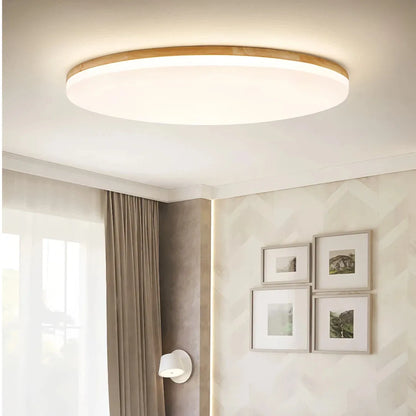 Plafonnier LED scandinave rond en bois, design plat et dimmable pour chambre