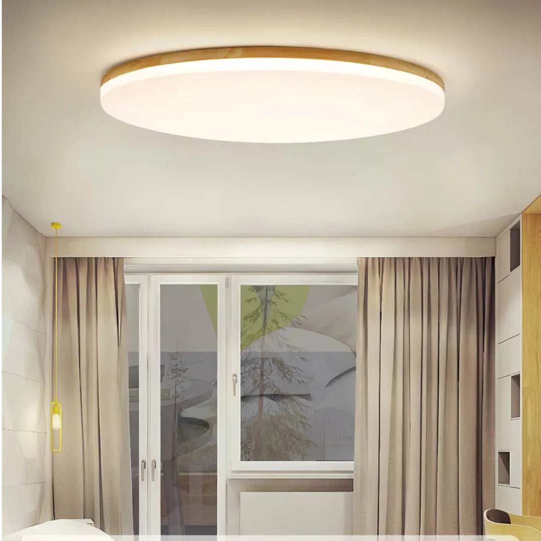 Plafonnier LED scandinave rond en bois, design plat et dimmable pour chambre