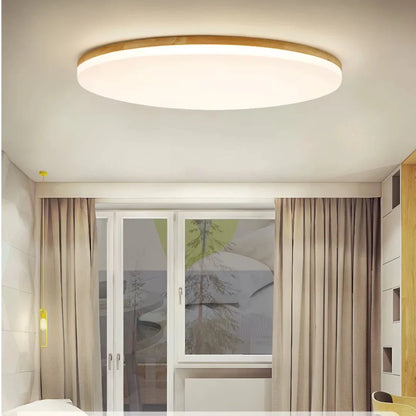 Plafonnier LED scandinave rond en bois, design plat et dimmable pour chambre
